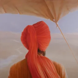 Turbanierte Rückansicht mit Zelt